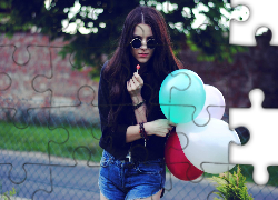 Kobieta, Brunetka, Okulary, Balony, Lizak