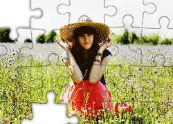 Kobieta, Łąka, Kapelusz