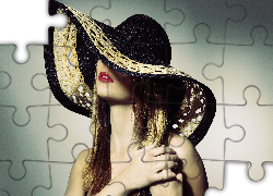 Tajemnicza, Blondynka, Kapelusz, Makijaż