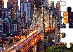 Nowy Jork, USA, Oświetlony, Most, Wieżowce