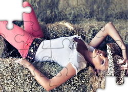 Młoda, Kobieta, Kapelusz, Siano