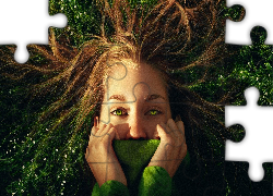 Kobieta, Twarz, Oczy, Zielone, Zakryte, Usta, Rozwiane, Włosy