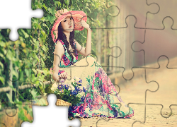 Młoda, Kobieta, Kapelusz, Długa, Kwiecista, Sukienka