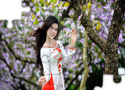 Piękna, Japoneczka, Park, Kwitnące, Drzewa