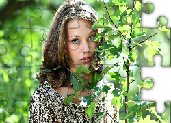 Dziewczyna, Drzewo, Dąb, Liście, Oczy, Usta