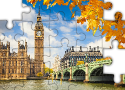 Anglia, Londyn, Rzeka Tamiza, Most Westminsterski, Big Ben, Jesień