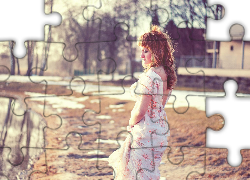 Kobieta, Kręcone, Włosy, Sukienka