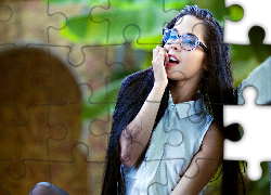 Zdziwiona, Dziewczyna, Czarne, Włosy, Okulary