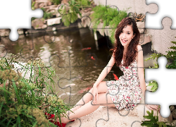 Dziewczyna, Trawa, Paprocie, Oczko, Wodne, Kamienie