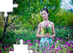 Dziewczyna, Pole, Drzewo, Koniczyna, Polna