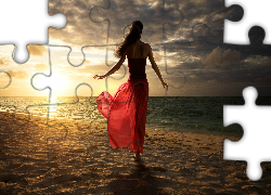 Kobieta, Plaża, Morze, Zachód, Słońca