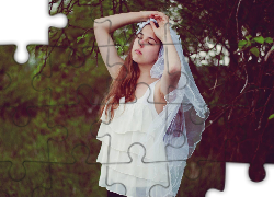 Kobieta, Długie, Włosy, Welon