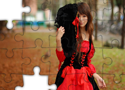 Dziewczyna, Czerwona, Sukienka, Park