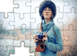 Kobieta, Czapka, Aparat Fotograficzny