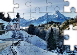 Zima, Góry, Droga, Kościół, Bawaria, Niemcy