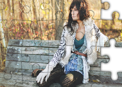 Piękna, Kobieta, Park, Jesień, Ławka