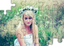 Kobieta, Blondynka, Wianek, Łąka