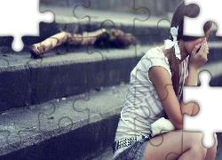 Zamyślona, Smutna, Kobieta, Schody