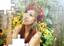 Kobieta, Kwiaty, Słoneczniki, Róże, Wianek