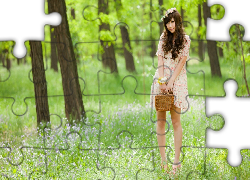 Lato, Zielony, Las, Kwiaty, Kobieta, Wianek, Wiklinowy, Kuferek