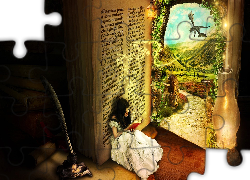 Fantasy, Dziewczyna, Książka, Lampa, Kałamarz