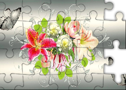Kwiaty, Lilie, Motyle, Abstrakcja