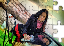 Kobieta, Samochód, Wycieraczki, Ściereczka, Odbicie