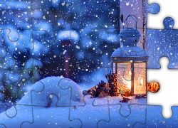 Lampion, Szyszki, Śnieg, Dekoracja, Świąteczna