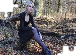 Blondynka, Makijaż, Biżuteria, Las, Liście, Jesień