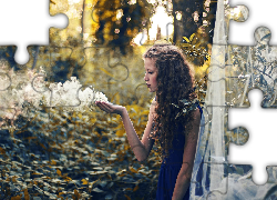 Kobieta, Blondynka, Niebieska, Suknia, Dym