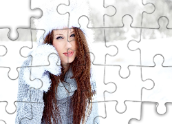 Brunetka, Długie, Włosy, Rękawica, Czapka, Śnieg