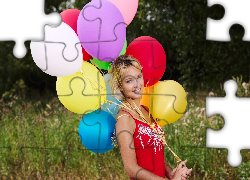 Uśmiechnięta, Blondynka, Kobieta, Kolorowe, Balony, Trawy