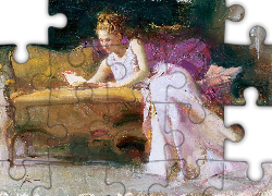 Obraz, Pino Daeni, Kobieta, Sofa, Książka