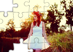 Kobieta, Ruda, Wianek, Biała, Sukienka