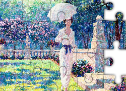 Obraz, Arthur Saron Sarnoff, Kobieta, Ogród,  Parasolka