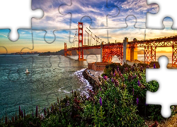 Rzeka, Most Golden Gate, Zachód Słońca, Łubiny