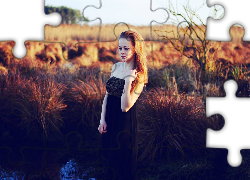 Kobieta, Blondynka, Czarna, Sukienka, Pole