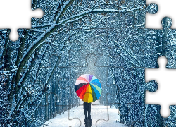 Droga, Śnieg, Dziewczyna, Parasol