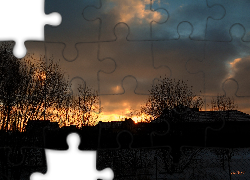 Zachód, Słońca, Domy, Drzewa, Niebo