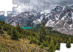 Kanada, Park Narodowy Banff, Dolina Dziesięciu Szczytów, Dolina Valley of the Ten Peaks, Jezioro Moraine, Góry, Lasy, Drzewa, Szczyty