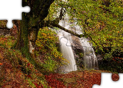 Wodospad, Skały, Drzewa, Jesień