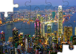 Wieżowce, Rzeka, Noc, Hongkong, Chiny