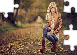 Jesień, Liście, Kobieta, Droga