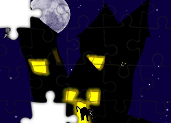 Halloween,kot , domek , księżyc