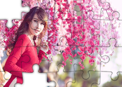 Uśmiechnięta, Japoneczka, Kwitnące, Drzewo, Ogród