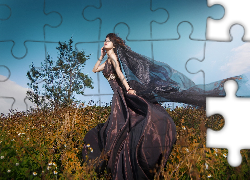 Dziewczyna, Suknia, Welon, Góry, Łąka, Kwiaty