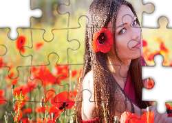 Dziewczyna, Łąka, Maki, Trawa, Wiosna