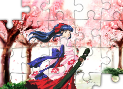 Sakura Wars, niebieskie włosy, drzewa