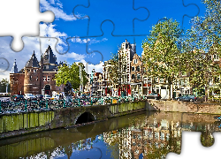 Amsterdam, Panorama, Miasta, Kanał, Most, Rowery