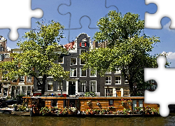 Lato, Fragment, Amsterdamu, Kamienice, Roślinność, Kanał, Dom, Na Wodzie, Łódka